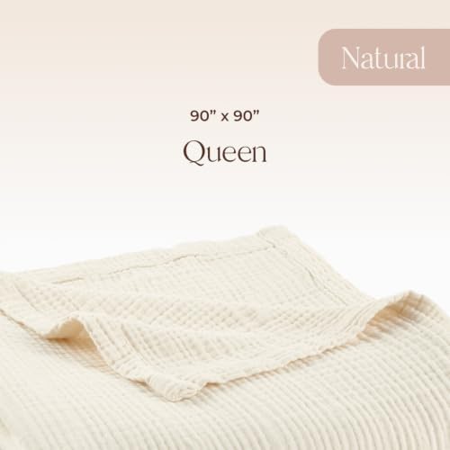 100% Cotton Organic Muslin Throw Blanket for Adults GOTS & Fairtrade Certified Organic Cotton - Couch Living Room and Bedroom Decor - 4 Layer Super Soft and Cozy (Natural, Queen)