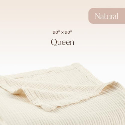 100% Cotton Organic Muslin Throw Blanket for Adults GOTS & Fairtrade Certified Organic Cotton - Couch Living Room and Bedroom Decor - 4 Layer Super Soft and Cozy (Natural, Queen)