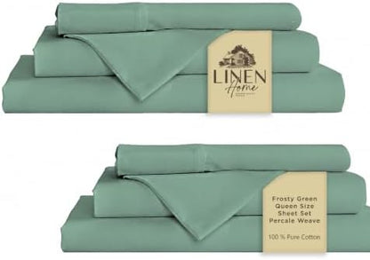 Linen Home 2-Pack Queen Sheet Set, 100% Cotton Percale Bedding, 8-Piece Value Bundle, Deep Pocket Cooling Bed Sheets for Hot Sleepers, Breathable & Crisp Hotel Quality, Long-Staple Cotton Frosty Green
