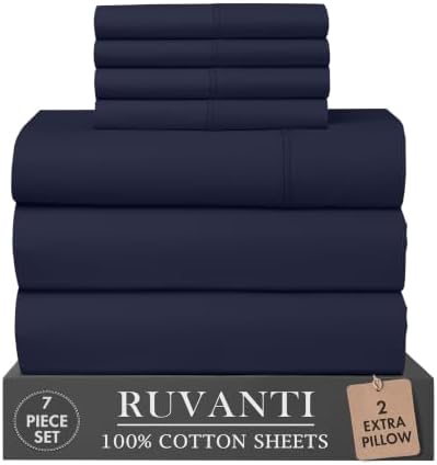 RUVANTI 100% Cotton Split King Sheets, Percale Sheets Set, Deep Navy