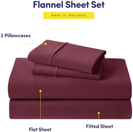 Flannel Sheets Warm and Cozy Deep Pocket Breathable All Season Bedding Set with Fitted, Flat and Pillowcases, King, Burgundy Red