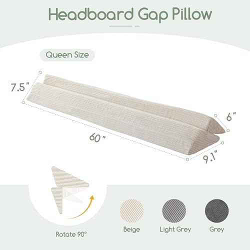 HIGOGOGO Queen Size Wedge Pillow for Headboard Gap - Multi Functional Mattress Wedge Bed Gap Filler Close The Gap (0-7") Between Your Mattress and Headboard or Wall (Beige, 60"x9"x7")