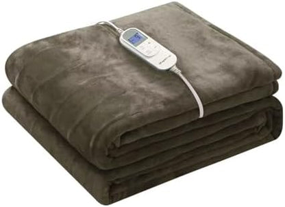 Wapaneus Heated Blanket Electric Twin Size 62"x84" with 10 Heating Levels 12 Timer Settings 8 Hours Auto-Shut Off,Flannel Fast-Heating Electric Blanket,ETL Listed Machine Washable,Dark Brown