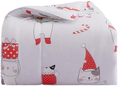 Yibeizi Kids Christmas Bed Comforter Set Twin Cute Cat Printed Xmas Bedding