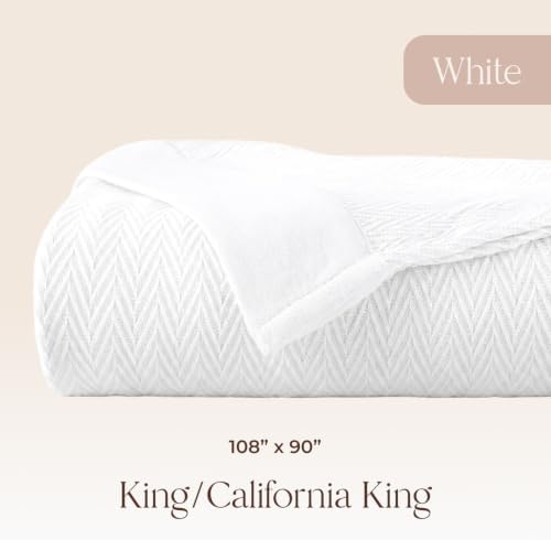 100% Organic Cotton Blanket - GOTS Certified 350GSM Organic Cotton Throw Blanket for Bed with Luxurious & Breathable Herringbone Weave - Great as Bedspread or Coverlet (White, King/Cal King)