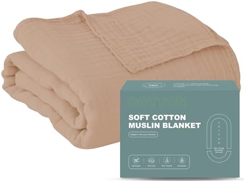Cosy Family 6 Layer Muslin Bed Blanket - Breathable and Lightweight Gauze Boho Blanket for Spring, Soft 100% Cotton Muslin, Brown, 55x80 Inches