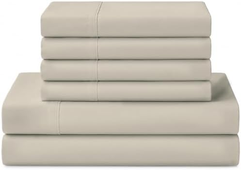Linen Home 100% Cotton Percale Sheets California King Size, Light Taupe, Deep Pocket, 6 Pieces Set- 1 Flat, 1 Fitted and 4 Pillowcases, Crisp Cool and Long Staple Strong Bed Linen