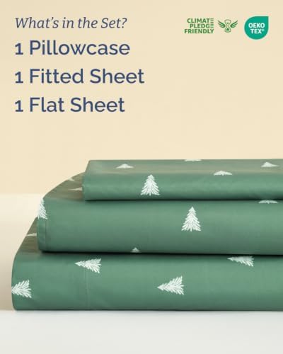 Christmas Sheet Set, Sage Pine Trees, Holiday Xmas Bedding Set - Twin Size