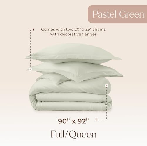 100% Organic Cotton Duvet Cover Queen Size - Naturally Soft Lightweight & Cooling Duvet Cover Set with Decorative Shams - Premium GOTS Certified 300 Thread Count Sateen Weave (Pastel Green, Queen)