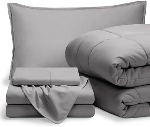 Bare Home Bed-in-A-Bag Comforter & Sheet Set - Twin XL - Goose Down Alternative - Ultra-Soft 1800 Premium Bed Set (Twin XL, Light Grey/Light Grey)
