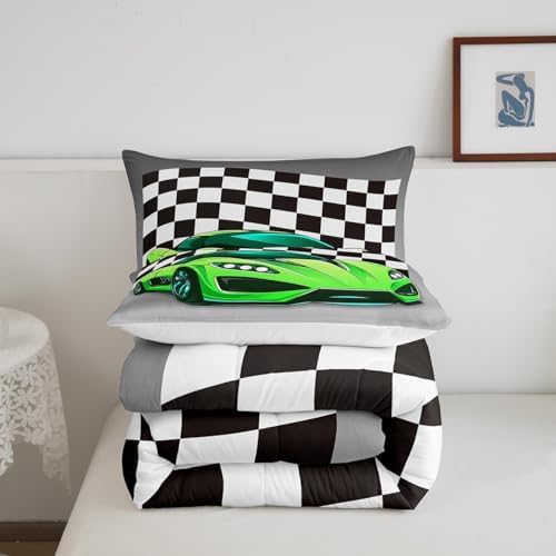 Racing Car Comforter Set, Cool Speed Race Car Down Comforter Full for Kids Boys Girls Teens Bedroom, Automobile Extreme Sport Bedding Set Plaid Checkered Duvet Sets with 2 Pillowcases, Grey Green