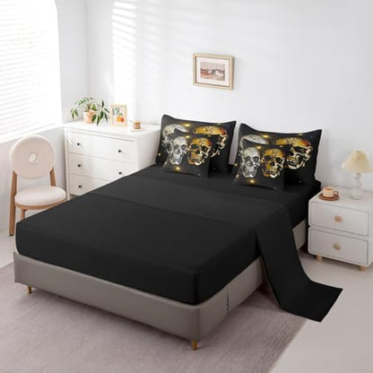 Erosebridal 7Pcs Gold Silver Skull Comforter Set Full Size,Couple Skull Diamonds Bedding Set,Halloween Bones Skeleton Bed in A Bag,Romantic Gothic Sheet Set with Comforter