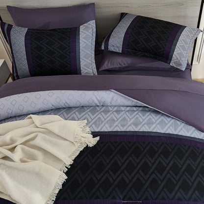 Cottolester Queen Comforter Set,Black Purple Boho Striped Bed in a Bag