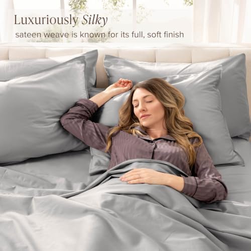 Bare Home 100% Organic Cotton Sateen Sheet Set (King, Light Grey)