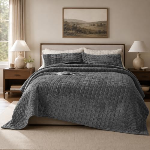 Quilt Set Queen Size 90x98 Luxurious Velvet Bedding Sets with 2 Pillow Shams 20x26 3 Pieces Ultra Soft Quilted Bedspread Coverlet Comforter for All Season,Gray