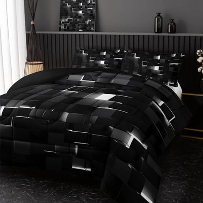 Nttopship Neon White Black Comforter Set Queen Geometric Kids Bedding Set,3 PCS Geometry Honeycomb Bed Set Modern Quilt Set 1 Comforter 2 Pillow Cases Cool Room Decor All Season B-Side Black