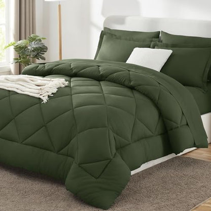 CozyLux Oversized Queen Comforter Set 98"x98", 7 Piece, Olive Green