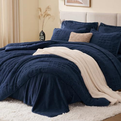EXQ Home Waffle Comforter Set Queen Size, 3 Pieces Bed Set,Navy Blue