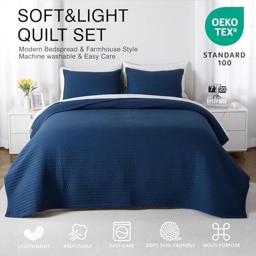 Oversized Queen Quilt Set 102 x 106 in, Lightweight, Dark Blue