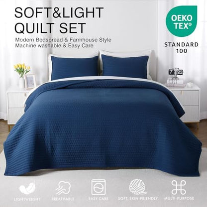 Oversized Queen Quilt Set 102 x 106 in, Lightweight, Dark Blue