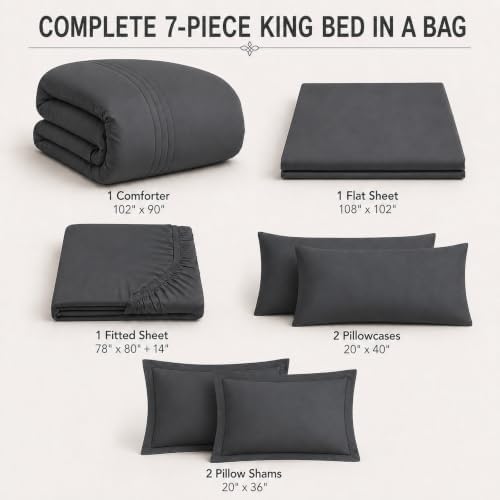 King Size Comforter Set Dark Grey, 7 Pieces Bed in a Bag Bedding