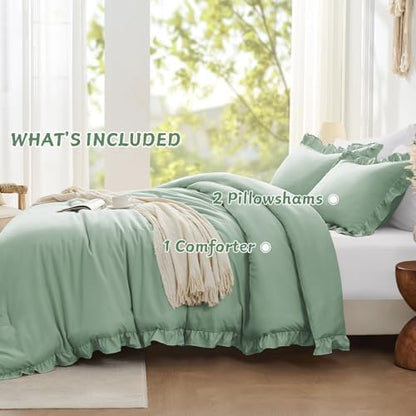FUANNA King Size Comforter Set, SageGreen Bedding Set, 3 PCS Ruffle Bed Set