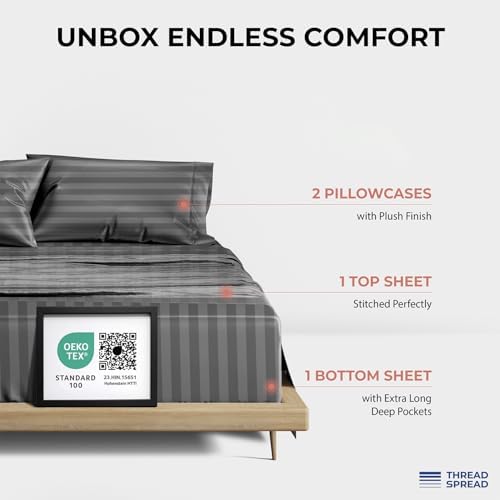 THREAD SPREAD Egyptian Cotton Sheets King Size - 1200 Series Plush Collection Damask Sheet Set Egyptian Cotton (4 PC, Dark Grey Stripe), Luxury Sheet King Size, Soft, Cooling Deep Pocket Sheets