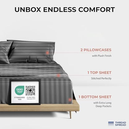 THREAD SPREAD Egyptian Cotton Sheets King Size - 1200 Series Plush Collection Damask Sheet Set Egyptian Cotton (4 PC, Dark Grey Stripe), Luxury Sheet King Size, Soft, Cooling Deep Pocket Sheets