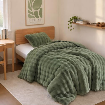 YIKUSH Twin Faux Fur Soft Comforter Set, Fluffy Green Rabbit Fur Comforter