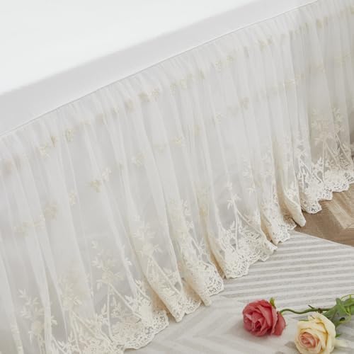 Brandream Luxury Ivory White Lace Bed Skirt Queen Size Split Corners Romantic Vintage Girls Bed Cover Dust Ruffle Bed Skirts 18 Inch Drop