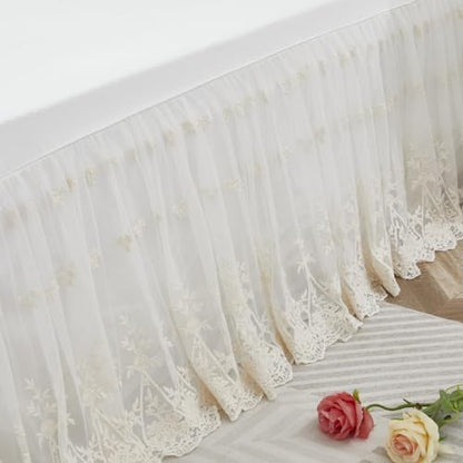 Brandream Luxury Ivory White Lace Bed Skirt Queen Size Split Corners Romantic Vintage Girls Bed Cover Dust Ruffle Bed Skirts 18 Inch Drop