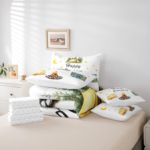 Erosebridal Happy Camping Bedding Set for Kids Teens,Camping Lovers Comforter Set Twin Size,Cartoon Moon Stars (Comforter+Fitted+Flat Sheet+2 Pillowcases+2 Throw Pillow Covers) 7 Pieces Bed Set