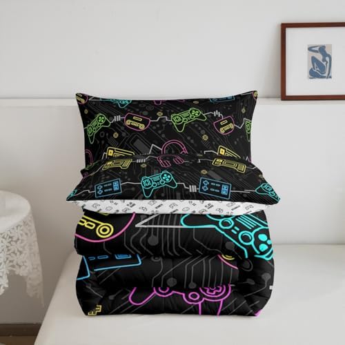 Feelyou Kids Gamer Bedding Set Toddler Size, Graffiti Gaming Comforter Set Boys Girls Modern Game Console Comforter Gamepad Teens Duvet Set Bedroom Decor Microfiber Bed Set