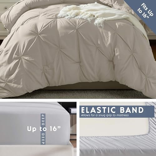Nestl 7 Piece Twin Comforter Set – Beige Pinch Pleated Bed in a Bag – Complete Twin Size Bedding Set with Sheets, Set of 2 Cooling Pillows, Pillowcase and Sham