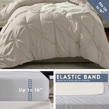 Nestl 7 Piece Twin XL Comforter Set – Beige Pinch Pleated Bed in a Bag – Complete Twin XL Size Bedding Set with Sheets, Set of 2 Cooling Pillows, Pillowcase and Sham