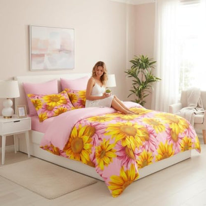 CCoutueChen Sunflower Comforter Set King Size, Pink Yellow Soft Bedding Set with 2 Pillowcases, Great Bedroom Decor/104 * 90