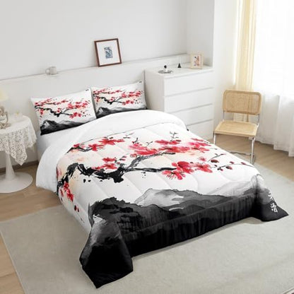 Erosebridal Cherry Blossoms Comforter Set Twin for Adult Women Ink Painting Black White Down Comforter Red Cherry Blossoms Quilted Duvet Romantic Theme Bedding Duvet with 1 Pillowcase