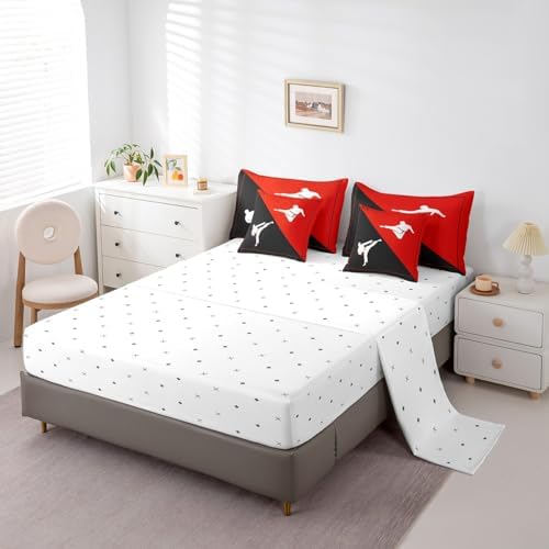 Castle Fairy Taekwondo 7 Pieces Bedding Set Black Red Comforter Set for Boys Girls Japanese Style Bed Set Room Decor Twin Size Kungfu Soft Warm Microfiber Bedding