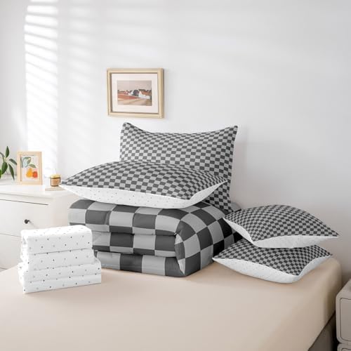 jejeloiu Grey Bedding Set 7Pcs Queen Size Kids Checkered Grid Comforter Set with Sheets for Boys Girls Classic Plaid Buffalo Check Bed in a Bag Soft Lightweight,Microfiber