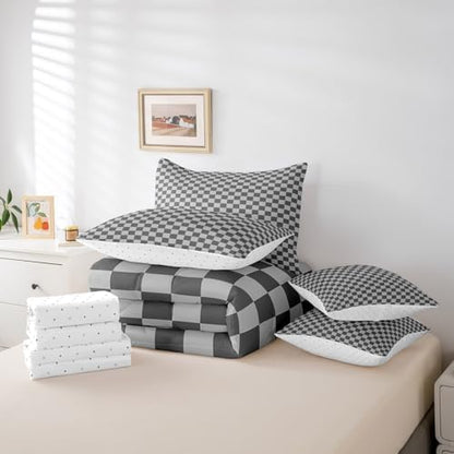 jejeloiu Grey Bedding Set 7Pcs King Size Kids Checkered Grid Comforter Set with Sheets for Boys Girls Classic Plaid Buffalo Check Bed in a Bag Soft Lightweight,Microfiber