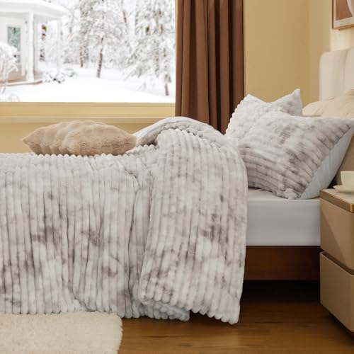 BEDELITE Fleece Queen Comforter Set, Fluffy Bed Set, Grey&White