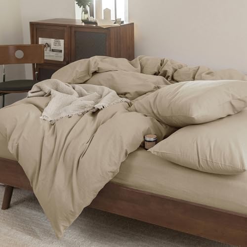 FOSSA Duvet Cover Set 100% Washed Cotton Linen Feel Queen