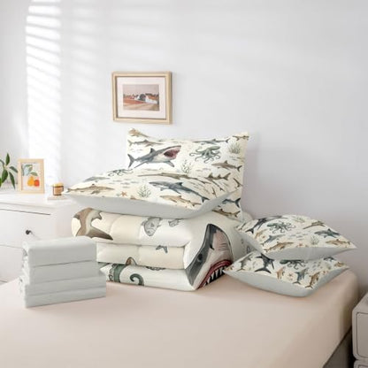 Feelyou Shark Comforter Set Twin Size 7 Pieces Octopus Starfish Bedding Set for Kids Boys Girls Sea Underwater World Bed in a Bag with Comforter, Sheets, Pillowcases, Cushion Covers Lightweight