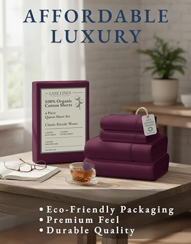 LANE LINEN Queen Size Bed Sheets 100% Organic Cotton 4pc - Windsor Wine