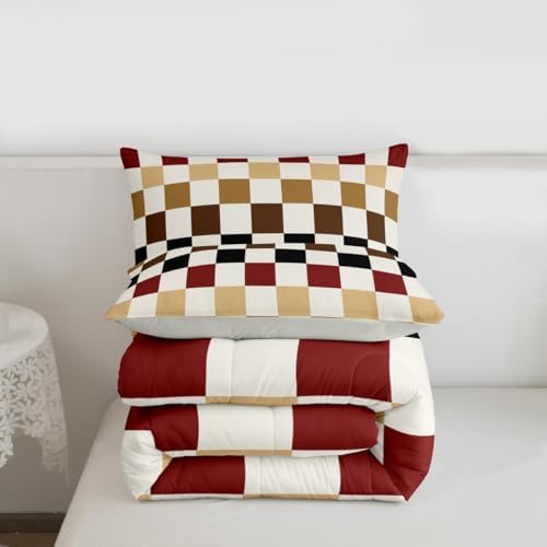 Checkered Geometric Bedding Set for Boys Girls Brown Red Black Plaid Comforter Set Toddler Size Checkerboard Modern Aesthetic Duvet Quilt Reversible Grey Bedroom Decor 2 Pcs with 1 Pillow Cases