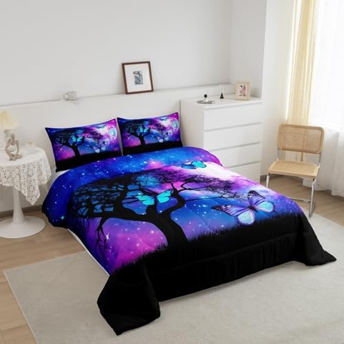 Blue Butterfly King Comforter Set for Girls Purple Starry Sky Bedding Cute Butterfly Bedding Comforter Sets Gradient Galaxy Dream Themed Duvet Insert for Boys Teens Kids Lovely Insect Decor Quilt