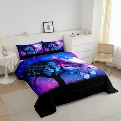 Blue Butterfly King Comforter Set for Girls Purple Starry Sky Bedding Cute Butterfly Bedding Comforter Sets Gradient Galaxy Dream Themed Duvet Insert for Boys Teens Kids Lovely Insect Decor Quilt
