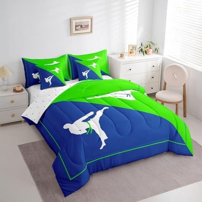 Castle Fairy Teens Adult Taekwondo Comforter Set King Size 7 Pcs Blue Green Bedding Set with Comforter,Sheet Set,Pillowcase and Sham Japanese Style Bed Set Kungfu Bedding for Room Decorative