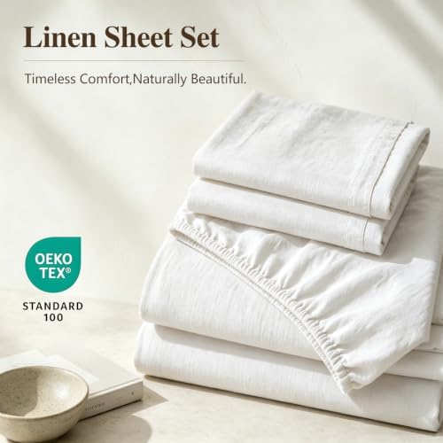 MEISHANG 100% French Linen Sheets Queen,4 Pcs,18-24" Extra Deep Pocket