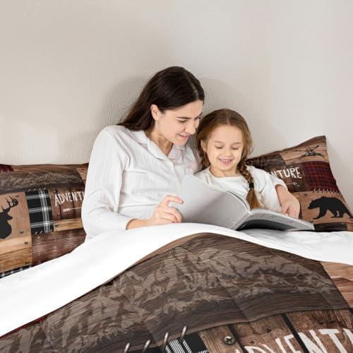Cabin Home Comforter Sets King Size Hunting Bear Deer Animals Theme Quilted Duvet 3pcs for Boys Men Teens Kids Bedroom Decor Brown Wooden Rustic Farmhouse Style Bedding Sets Patchwork Plaid Bedspread